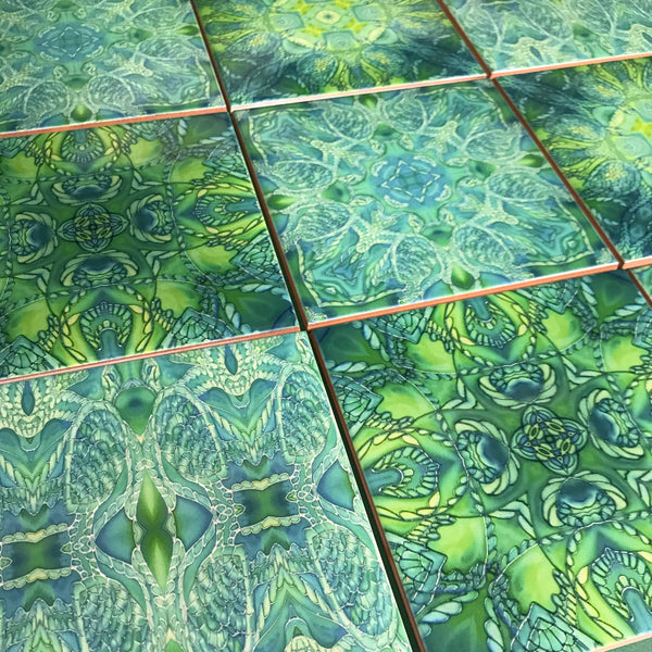 Green Turtle Kaleidoscope Mixed Tiles Set - Teal Mint Lime Tiles - Beautiful Tile - Bohemian Tiles