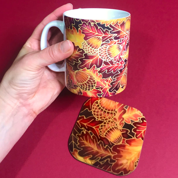 Autumnal Oak Leaves and Acorns Mug - Mug and Coaster Box Set - Red Mug Set - Leaves Mug Gift