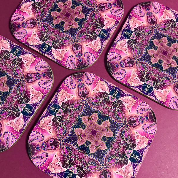 Plum Butterfly Kaleidoscope Square Table Mats & Coasters - Table Mats
