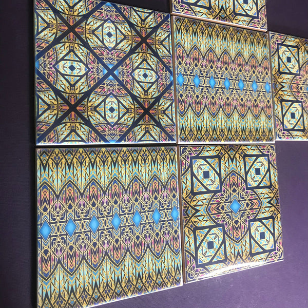 Cathedral Windows Mixed Tiles Set - Blue Purple Green Gold Tiles - Beautiful Bohemian Tiles