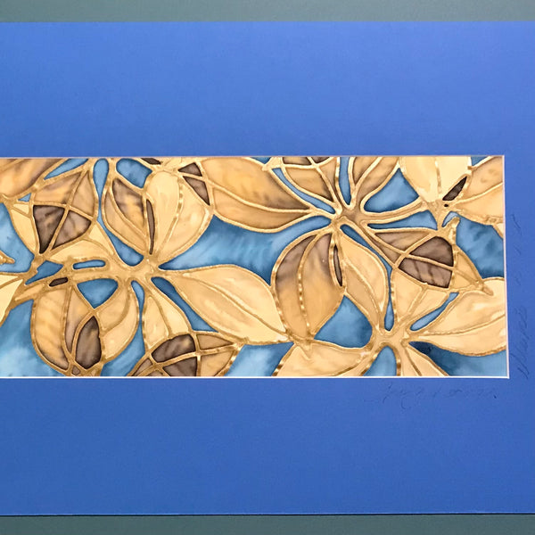 Beech Leaves Original Silk Painting -   Blue Caramel Gold Hand-Painted Silk Art -