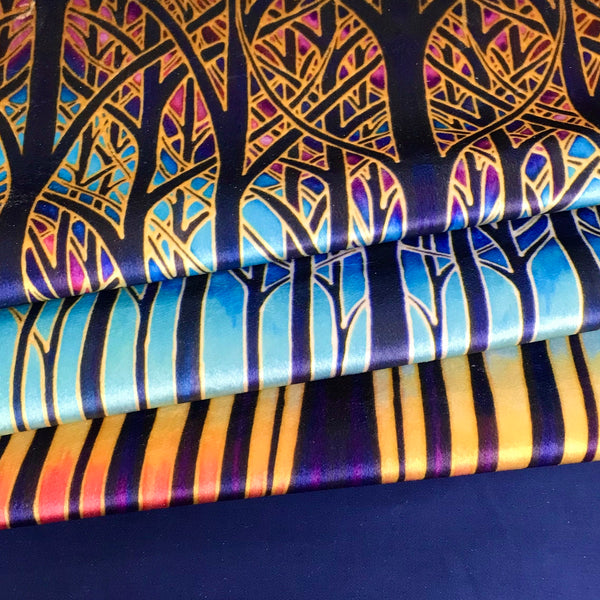 Turquoise Blue Red Purple Yellow and Gold Designer Velvet Curtain Fabric, Cathedral Trees, Order by Drop Length Needed