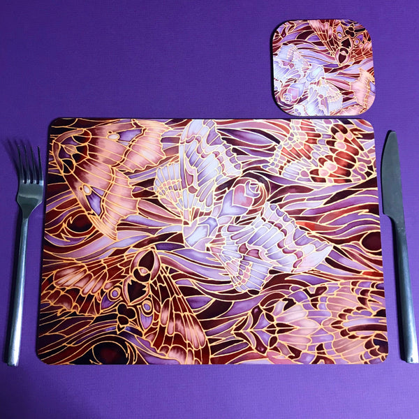 Moths Placemats & Coasters - Chocolate Lilac Grey Table Mats - glass chopping boards