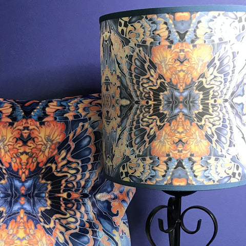 Contemporary Grey Blue Orange Butterfly Moth Lamp shade for table lamp- Butterfly Moth Drum Shade - Atmospheric lamp Shade