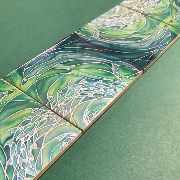 Sea Green Dolphins Small 4.25” Square Tiles -  Green Ceramic Bathroom Kitchen Hand Printed Tiles