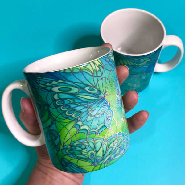 Pretty Green Butterfly mug and coaster box set or Mug only - Minty Green Mug Set - Butterfly Mug Gift