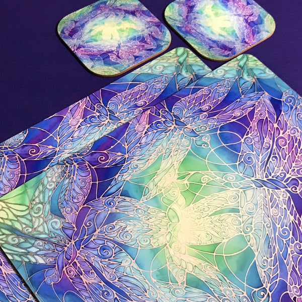 Table Mats Blue Dragonflies - Blue Green Purple Placemats - Blue Dragonfly Coasters