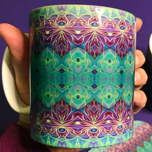 Persian Orchid Mug and Coaster Box Set or Mug only - Turquoise Purple Mug Set - Persian Orchid Mug Gift