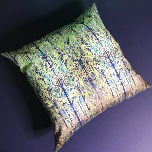 Contemporary Blue Grey Green Forest Meditation Cushion - Dramatic Throw Pillow - Chenille Cushion