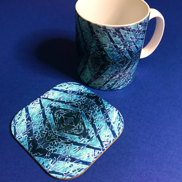 Blue Diamond Forest Mug and Coaster Box Set -  Blue Teal Turquoise Mug