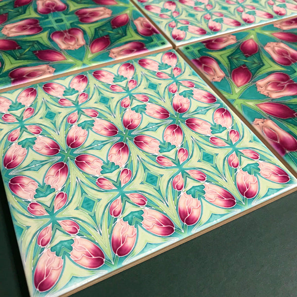 Pink Tulip Mixed Set of Bathroom Tiles - Arts and Crafts Look Bright Bohemian Kitchen Tiles