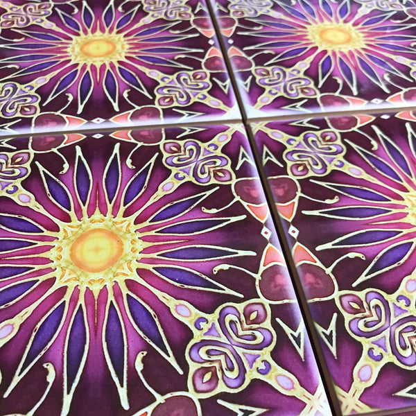 Flower Tiles in Rich Plum - Beautiful Ceramic Bohemian Tiles - Kitchen Bathroom Tiles