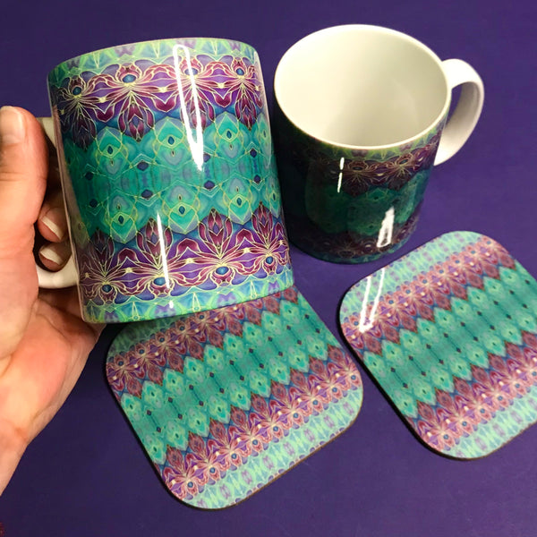 Persian Orchid Mug and Coaster Box Set or Mug only - Turquoise Purple Mug Set - Persian Orchid Mug Gift