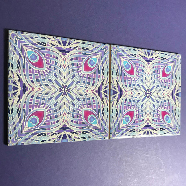 Lavender Peacock Feathers Tiles - Blue Lilac Tiles  - Bohemian Nouveau Ceramic Hand Printed Tiles