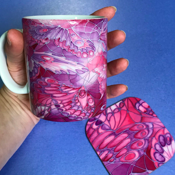 Beautiful Pink Butterfly Mug - Mug and Coaster Box Set - Gift for Her