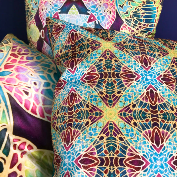 Teal Green & Red Diamond Repeat Pattern Kaleidoscope Cushions in Luxury Velvet