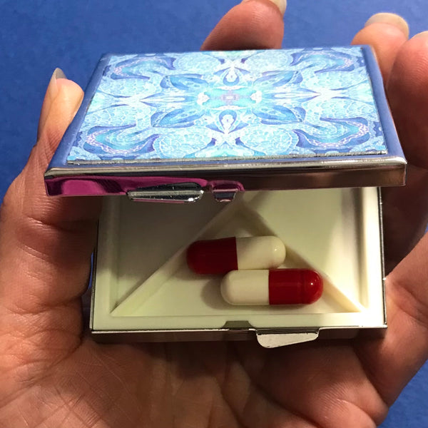Blue Aqua Turtle Mandala Large Pill Box - Stud Earing Jewellery Box