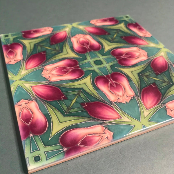 Nouveau Rich Pink Tulips Tiles. Arts and Crafts look Bathroom Tiles or Kitchen Tiles