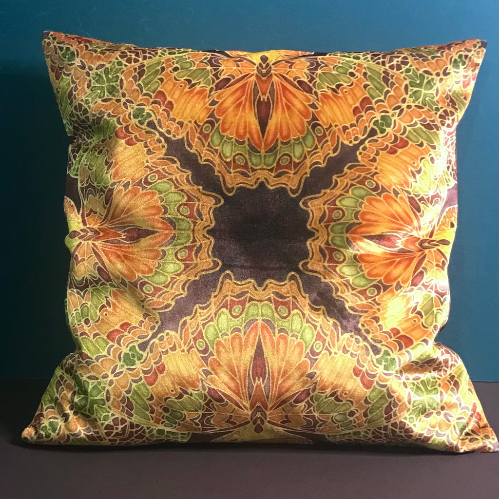 Green Terracotta Velvet Cushion - Luxury Velvet Moth Cushion - Green Rust Butterflies pillow