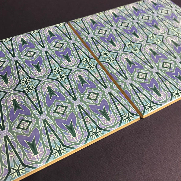 Deco Style Charcoal and Lilac Bathroom or Kitchen Tiles -  Ceramic Hand Printed Tiles