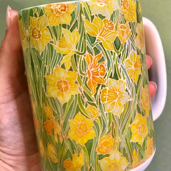 Extra Large Daffodils Mug. Yellow Green mugs in BIG & standard sizes.  mug & coaster box set. nature lovers gift set. Gardeners gift. flower lovers gift. gift for him. gift for teacher. gift for her. tea coffee lovers gift.