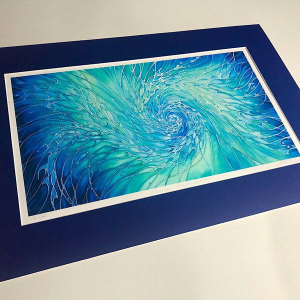 Beautiful sea green, aqua, teal, blue limited edition print of swirling shoals. Interior design. Wall art. 60x90cm art print for living room, bathroom, bedroom,  therapy room, yoga studio tranquil art creating a calm atmosphere. 