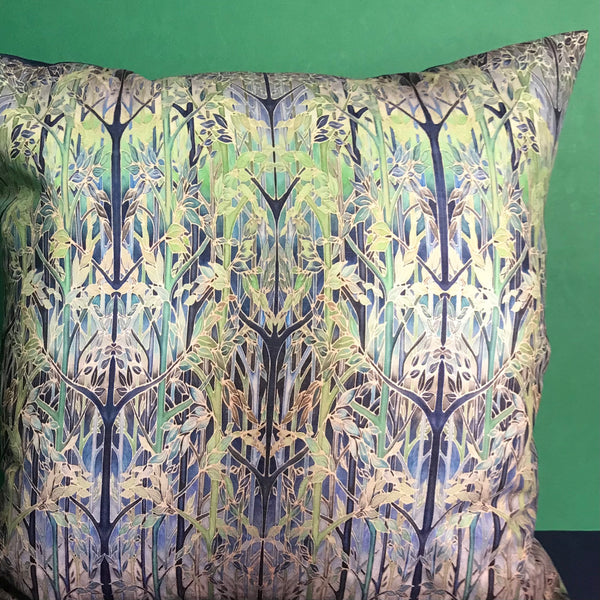 Contemporary Blue Grey Green Forest Meditation Cushion - Dramatic Throw Pillow - Chenille Cushion