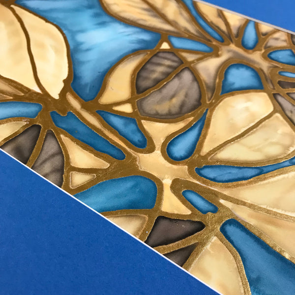 Beech Leaves Original Silk Painting -   Blue Caramel Gold Hand-Painted Silk Art -