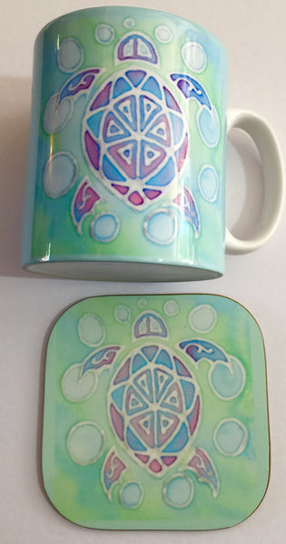 Green Turtle Mug & Coaster - Cute Turtle Mug Box Set - Sealife Mug Gift