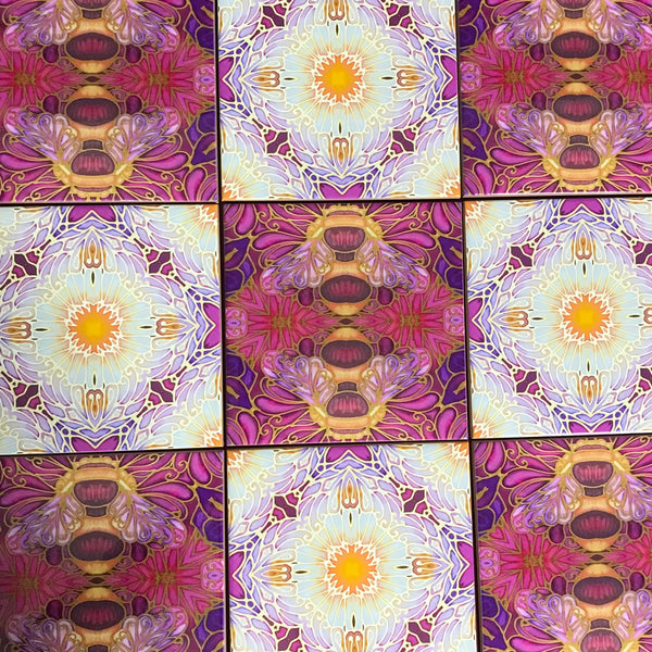 Bees and Daisy Flowers Mixed Tiles Set - Plum Purple Gold Tiles - Beautiful Tile - Bohemian Tiles