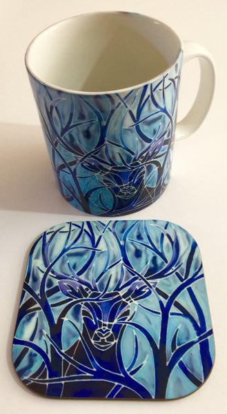 Stag Mug and Coaster box set or mug only - Blue Mug Set - Wild Stag Mug Gift - Woodland Lovers gift