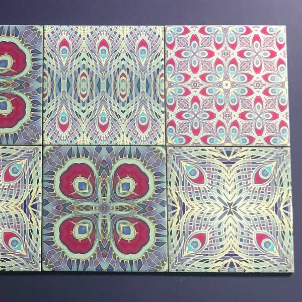 Lavender Peacock mixed set of 4 Tiles - Lilac Beaujolais Bohemian Ceramic Printed Tiles