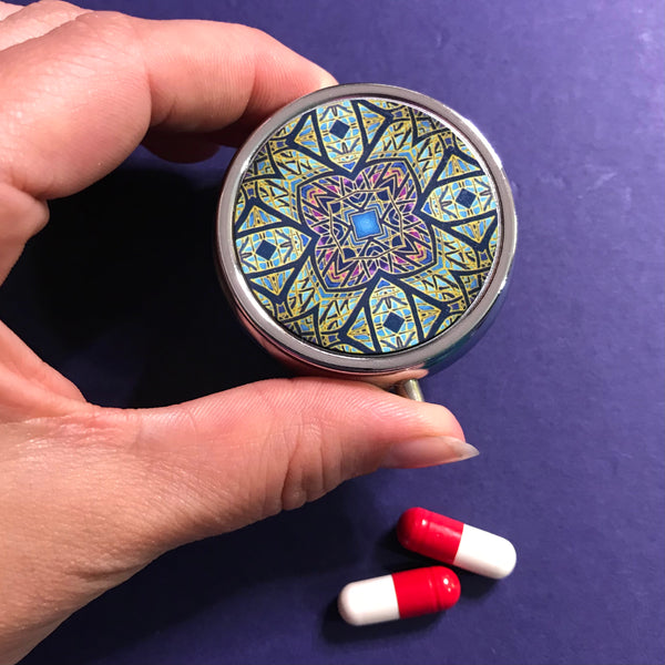 Contemporary Rose Window Pill Box - Bold Stained Glass Style Blue Round Box - Stud Earing Jewellery Box