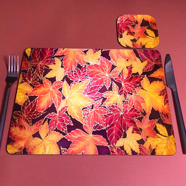 Autumn Leaves Placemats & Coasters - Virginia Creeper Leaves Table Mats - Red Yellow
