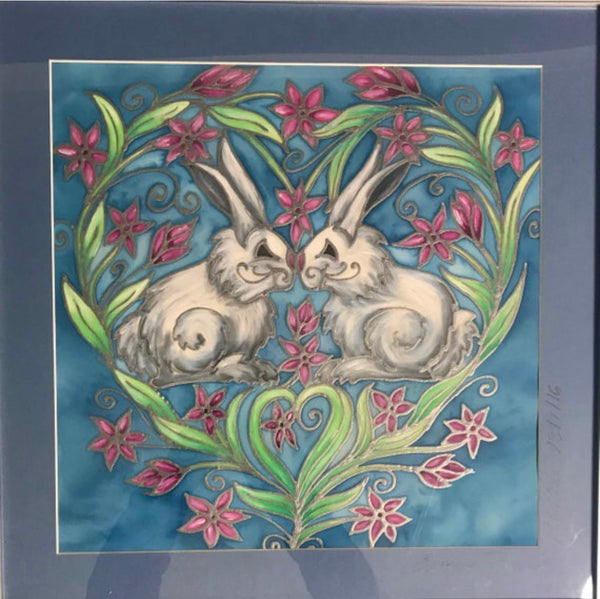 SOLD Love Bunnies Original Silk Painting - hand painted silk Ram - contemporary blues and greys