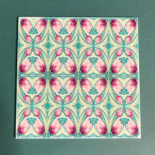 Nouveau Pink Tulips Tiles. Arts and Crafts look Bathroom Tiles or Kitchen Tiles