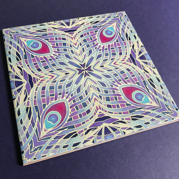 Lavender Peacock Feathers Tiles - Blue Lilac Tiles  - Bohemian Nouveau Ceramic Hand Printed Tiles