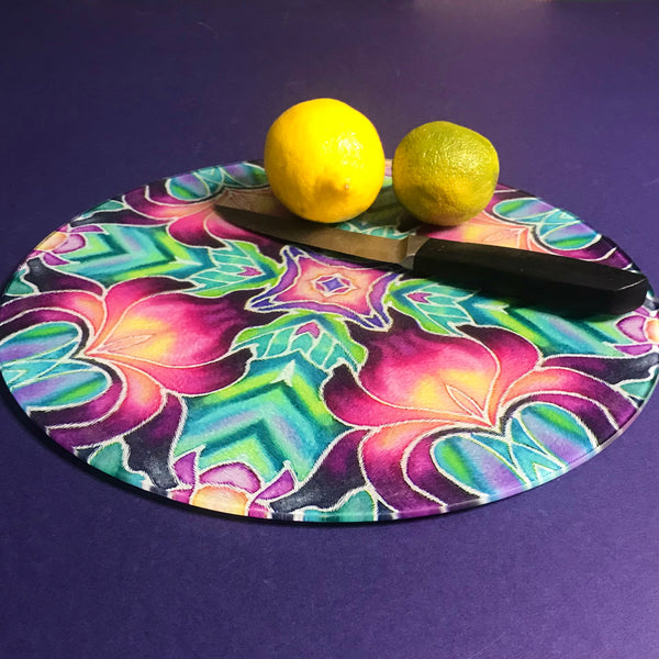 Round or Rectangular Glass Purple Iris Kaleidoscope Chopping Board