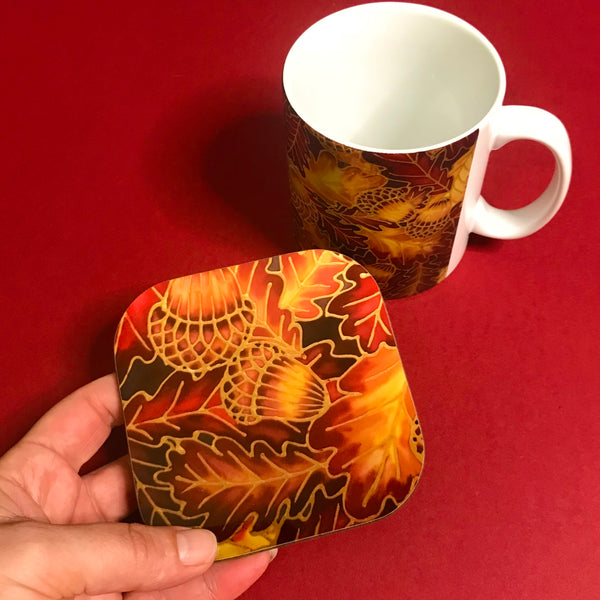 Autumnal Oak Leaves and Acorns Mug - Mug and Coaster Box Set - Red Mug Set - Leaves Mug Gift