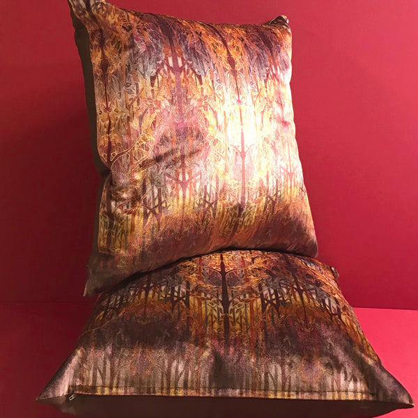 Autumn Whispers Trees Luxury Velvet Cushion- Contemporary Russet Beaujolais Terracotta Grey Throw Pillow - Luxury Velvet Cushion