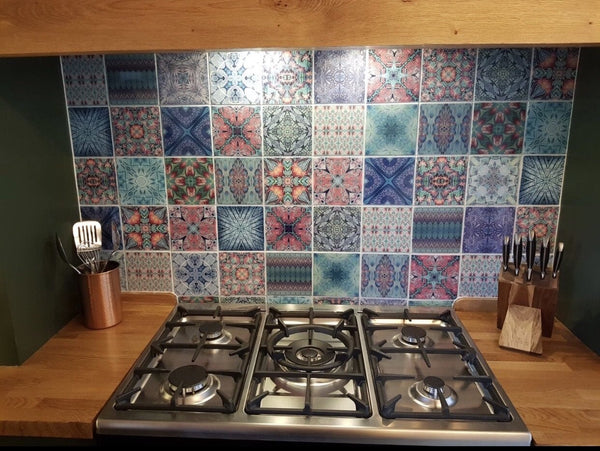 Cool Bohemian Mixed Set of 20 Ceramic Tiles - Blue Green Purple Turquoise Bright Bohemian Kitchen Tiles