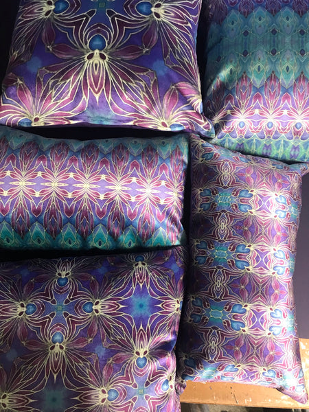 Set of Five Persian Orchid Purple and Turkish Blue  Luxury Velvet Cushions - Mediterranean Coloured Patterned Kaleidoscope Design