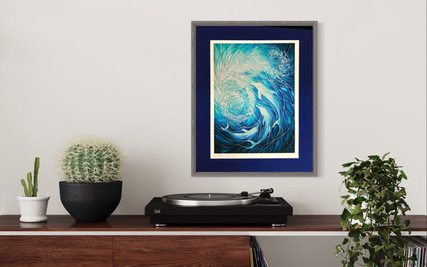 Dolphin Swirl Signed Print - Sea Life Art Print - Blue Aqua Dolphin Print - Bathroom Art