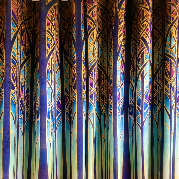 Turquoise Blue Red Purple Yellow and Gold Designer Velvet Curtain Fabric, Cathedral Trees, Order by Drop Length Needed