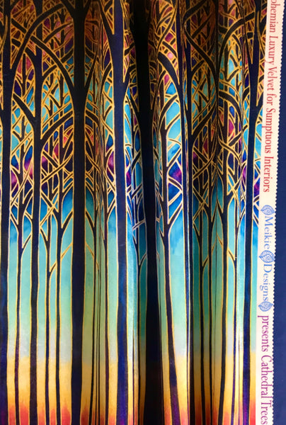 Turquoise Blue Red Purple Yellow and Gold Designer Velvet Curtain Fabric, Cathedral Trees, Order by Drop Length Needed