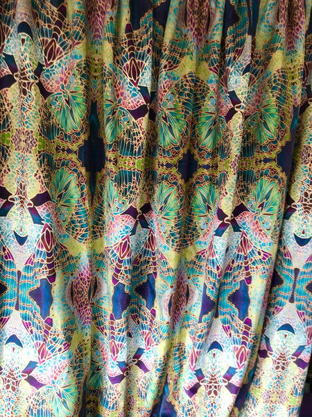 Teal Green Red Lime Gold 'Star Butterfly' Designer 100% Cotton Satin fabric for curtains, upholstery and soft furnishings