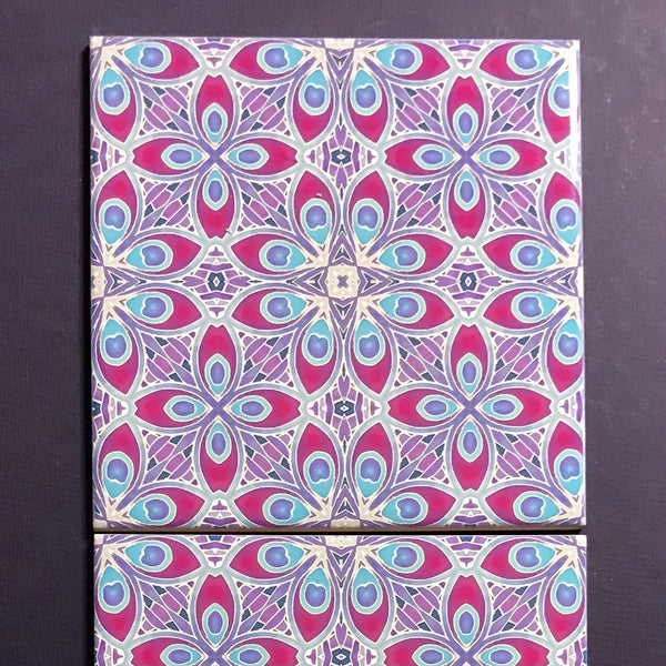 Lavender Plum Eye of the Peacock Feather Tiles - Blue Lilac Tiles  - Bohemian Nouveau Ceramic Hand Printed Tiles
