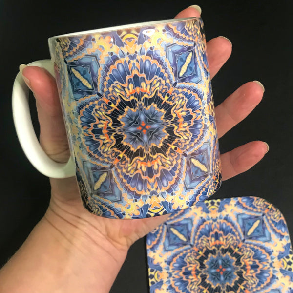 Gorgeous Orange Grey Blue Kaleidoscope Mug and Coaster box set only - Contemporary Mug Set - Grey Blue Orange Mug Gift