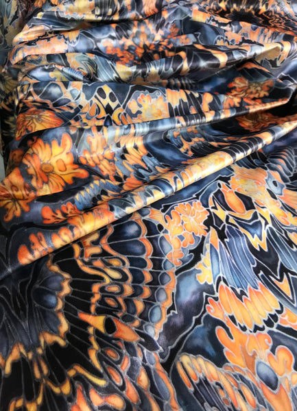 Contemporary Charcoal Orange Butterfly Moth Designer Luxury Velvet fabric for curtains, upholstery and soft furnishings