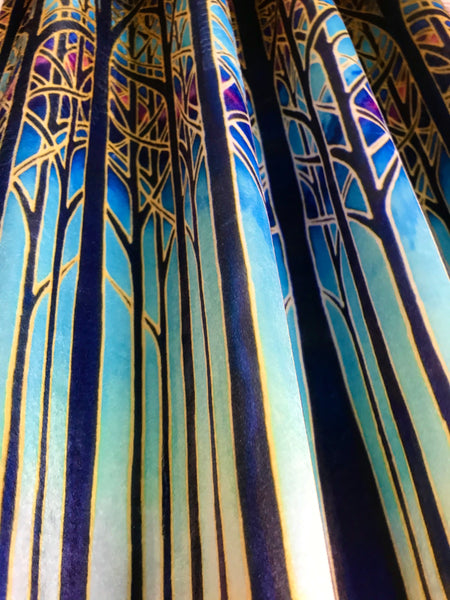 Turquoise Blue Red Purple Yellow and Gold Designer Velvet Curtain Fabric, Cathedral Trees, Order by Drop Length Needed